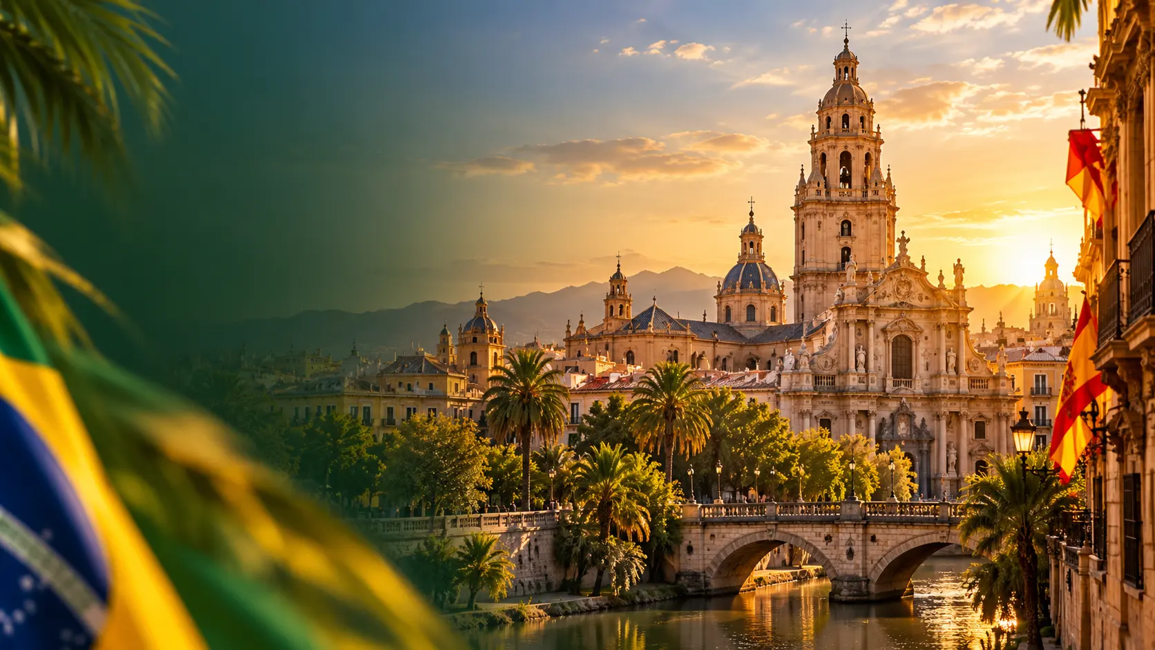 Catedral de Múrcia e o rio Segura ao pôr do sol, com a bandeira do Brasil em primeiro plano